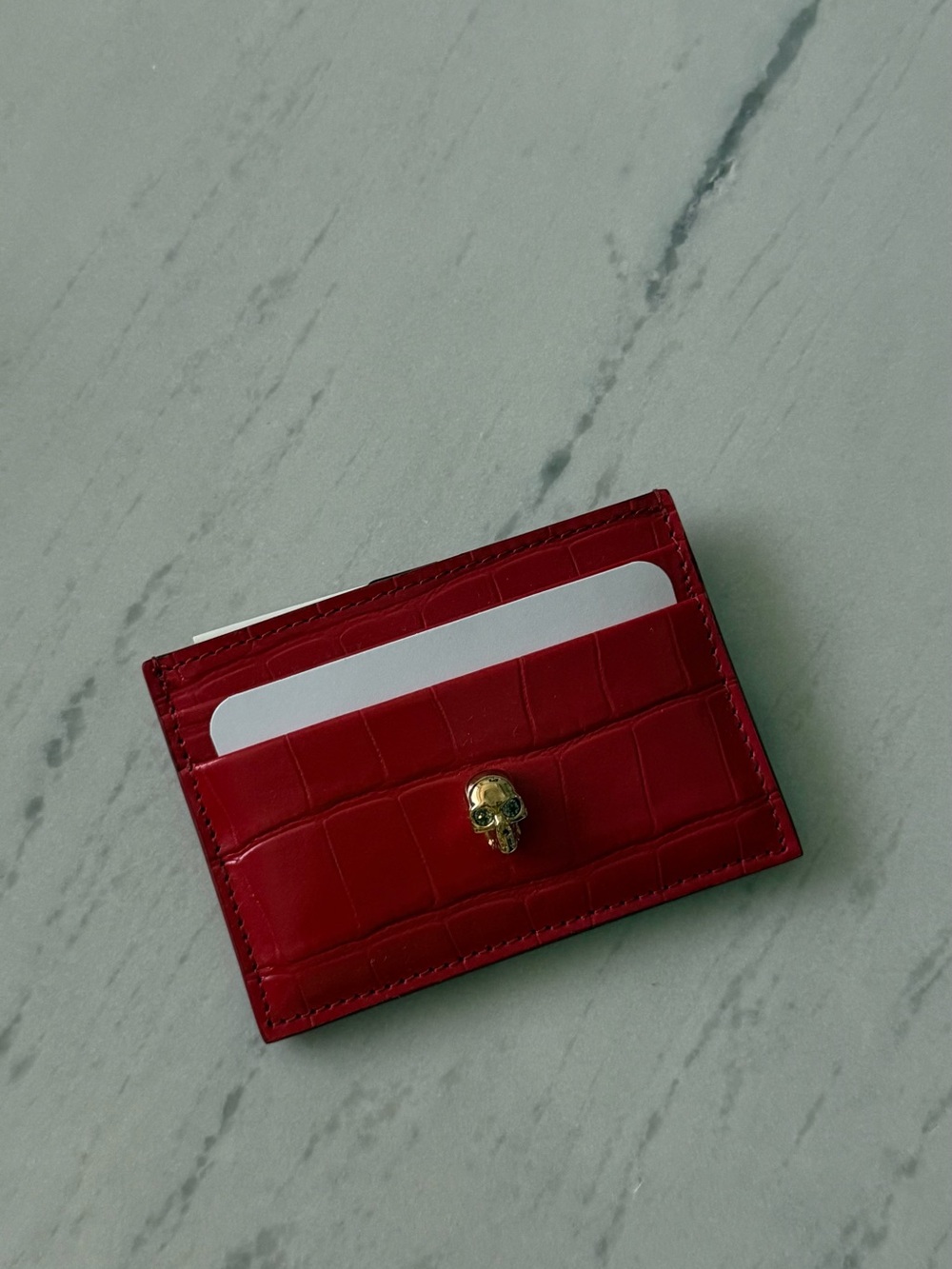 Alexander McQueen Red Croc-Embossed Card Holder with Gold Skull